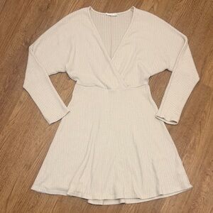 Lush Medium Beige Ribbed V-Neck Surplice Knit Fit Flare Sweater Dress